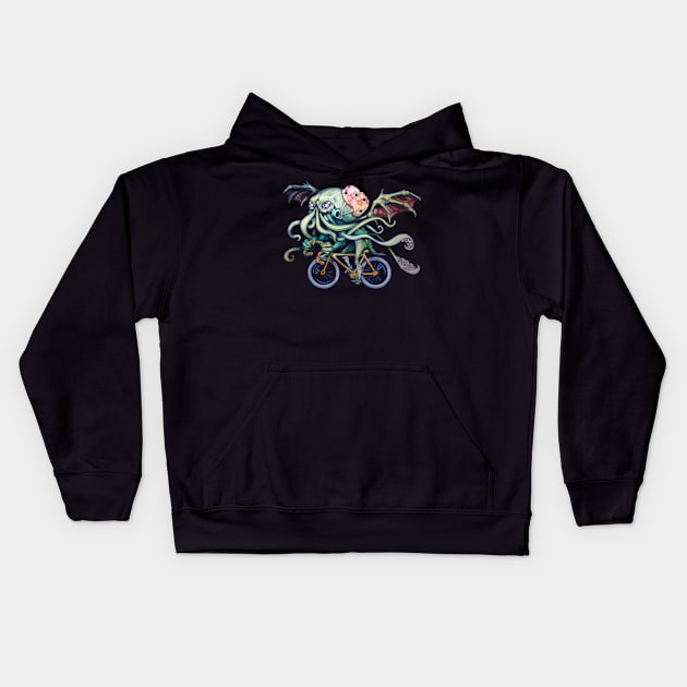 Cthulhu Riding A Bicycle Kids Hoodie by ellemrcs